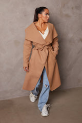 Tan Long Sleeve Belted Side Pocket Shawl Collar Midi Longline Coat - Payton