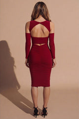 Red Long Sleeve Cut Out Midi Dress - Maria
