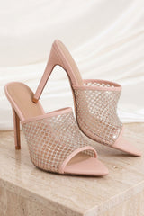 Nude Diamante Perspex Strap Mules - Britney