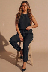 Black Stud Detail Sleeveless Loungewear Co-Ord Set - Reinax