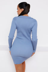 Dusky Blue Ribbed Long Sleeve Button Up Bodycon Mini Shirt Dress - Steph