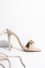 Stone PU Faux Leather Square Toe Chain Detail Strappy Heels - Bonnie