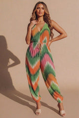 Green Multi Tie Dye Sleeveless V-Neck Jumpsuit - Lauba