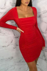 Red Square Neck Ruched Bodycon Mini Dress - Gina