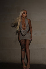 Silver Sequin Sparkling Cowl Neck Crop Top And Mini Skirt with Starfish Detail Co Ord Set - Elithia
