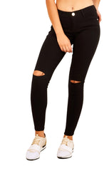 Black Slit Knee Skinny Ripped Five Pocket Detail Jeans- Sylah