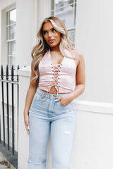 Rose Halterneck Lace Up Crop Top - Lulu