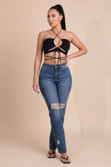 Washed Dark Blue High Waisted Distressed Slim Fit Jeans - Lowri