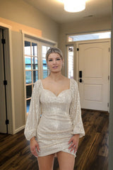 Beige Sequin Sweetheart Neck Puff Sleeve Bodycon Mini Dress- Kiana