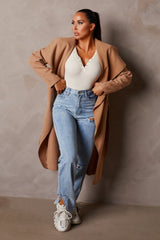 Tan Long Sleeve Belted Side Pocket Shawl Collar Midi Longline Coat - Payton