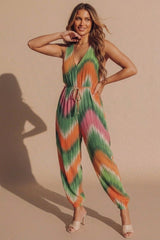 Green Multi Tie Dye Sleeveless V-Neck Jumpsuit - Lauba