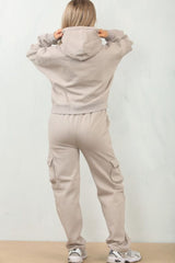 Dove Grey Cropped Fleece Hoodie with Cargo Jogger Sweatpants Loungewear Set - Roshana
