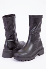 Black Faux Leather Chunky Sole Boots - Ukyana