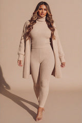 Dusty Pink Ribbed Knitted 3 Piece Loungewear Set-Jinet