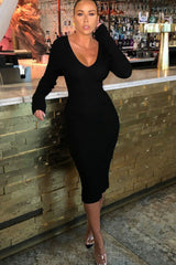 Black Ribbed V Neck Midi Jumper Dress - Ivy