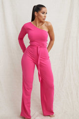 Hot Pink Belted One Shoulder Jumpsuit - Evelyn