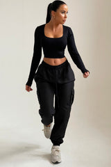 Black Drawstring Elasticated Waist Cuffed Pocket Parachute Trousers - Love