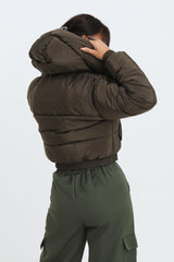 Khaki Cropped Padded Long Sleeve Zip Front Shower Proof Jacket - Harper