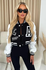 Black Faux Leather Cropped Contrast Graphic Bomber Jacket - Bellara