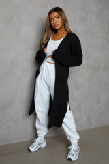 Black Knitted Long Sleeve Side Split Longline Midi Cardigan - Avery