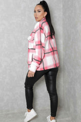 Rose Pink Check Print Oversized Button Up Pocket Shacket - Isabella