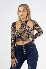 Brown Marble Print Slinky Cross Wrap Halter Crop Top - Donelia