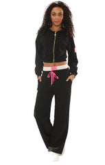 Black Cropped Zip-Up Hoodie with Wide Leg Joggers Statement Patch Loungewear Set – Zaria