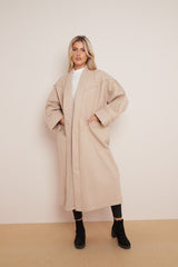Beige Oversized Longline Open Front Coat-Fyona