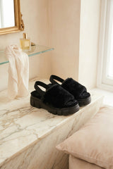 Black Faux Fur Slingback Chunky Platform Sandals - Ehna
