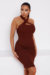 Chocolate Knitted Cut Out Crossover Halter Neck Bodycon Mini Dress - Elena