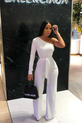 White Belted One Shoulder Jumpsuit - Evelyn