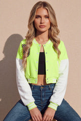Neon Green Varsity Slogan Contrast Sleeve Bomber - Hallie