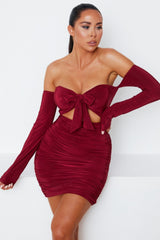 Wine Slinky Ruched Bardot Long Sleeve Cut Out Tie Front  Bodycon Mini Dress - Zion