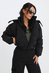 Black Cropped Padded Long Sleeve Zip Front Shower Proof Jacket - Harper