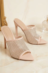 Nude Diamante Perspex Strap Mules - Britney