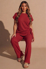 Red Tie Side Relaxed Fit Top And Wide Leg Trousers - Cheese