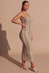 Beige Zig Zag Knit Strappy Midaxi Bodycon Dress- Teeya