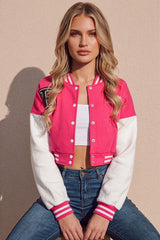 Hot Pink Varsity Slogan Contrast Sleeve Bomber - Hallie
