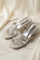 Silver Diamanté Cut-Out Block Heel Mule Sandals - Jara
