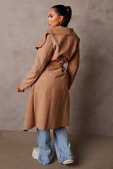 Tan Long Sleeve Belted Side Pocket Shawl Collar Midi Longline Coat - Payton