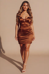 Light Chocolate Satin Cut Out Bust Detail Strappy Bodycon Mini Dress - Adelaide