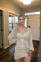 Beige Sequin Sweetheart Neck Puff Sleeve Bodycon Mini Dress- Kiana