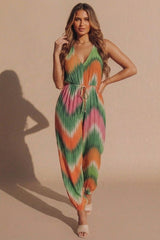 Green Multi Tie Dye Sleeveless V-Neck Jumpsuit - Lauba