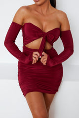Wine Slinky Ruched Bardot Long Sleeve Cut Out Tie Front  Bodycon Mini Dress - Zion