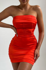 Orange Satin Strapless Bodycon Corset Mini Dress - Annie