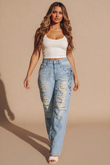 Light Blue Wash Distressed Graphic Mom Jeans – Hellna
