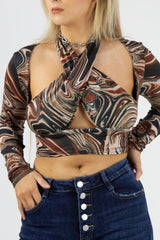 Brown Marble Print Slinky Cross Wrap Halter Crop Top - Donelia