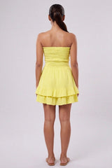 Yellow Shirred Bandeau Frill Hem Playsuit-Lureva