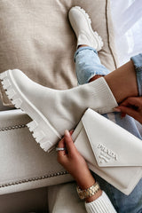 Beige Cleated Pull On Knit Chunky Sole Sock Ankle Boots - Melissa