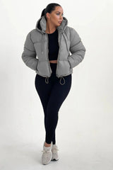 Grey Hooded Drawstring Cropped Puffer Jacket - Stacey